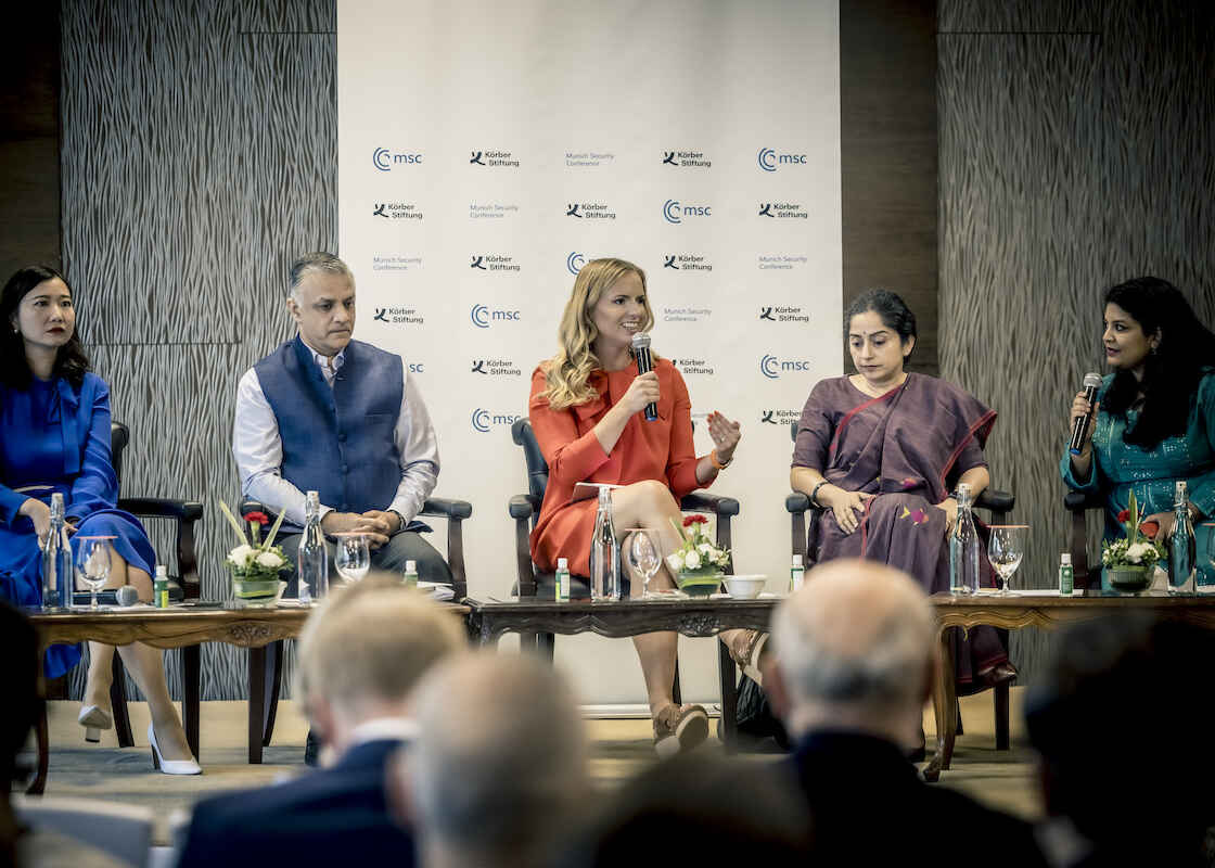 MYL Mabel Lu Miao, Sara Skyttedal, MEP, and Shruti Pandalai speaking with Sachin Chaturvedi, Director General, Research and Information System for Developing Countries (RIS) and Shamika Ravi, Economic Advisor to the Indian Prime Minister